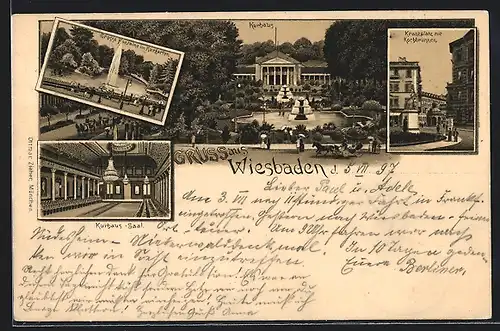 Lithographie Wiesbaden, Kurhaus mit Saal, Kreuzplatz mit Kochbrunnen