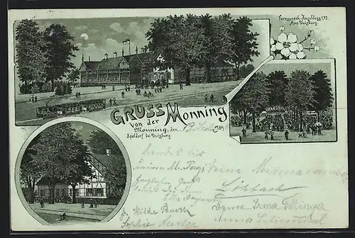 Lithographie Duisburg-Speldorf, Gasthaus Monning, Fernsprechanchlussamt 173, Strassenbahn