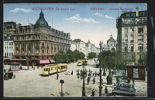 AK Anvers, avenue de Keyser, Strassenbahn und Geschäften