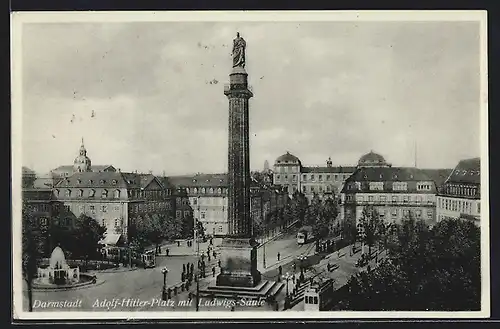 AK Darmstadt, Platz mit Ludwigs-Säule und Strassenbahn