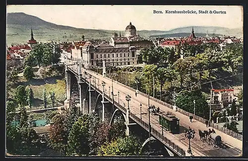 AK Bern, Kornhausbrücke mit Strassenbahn, Stadt und Gurten