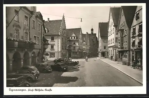 AK Sigmaringen, Café Seelos und Autos in der Fürst-Wilhelm-Strasse