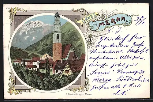 Lithographie Meran, Gemeindekirche mit Blick auf die Dächer der Stadt