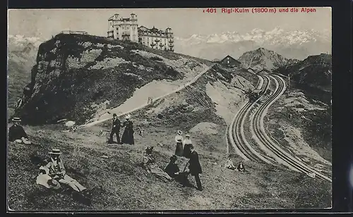 AK Rigi-Kulm, Partie mit Alpen, Bergbahn