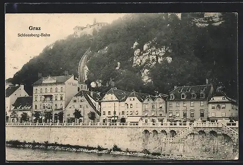 AK Graz, Trasse der Schlossberg-Bahn, Uferpanorama