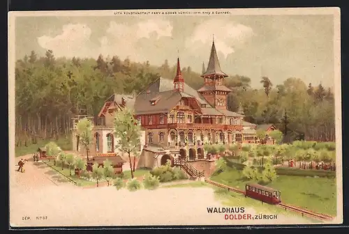 Lithographie Zürich, Waldhaus Dolder mit Bahn und Umgebung