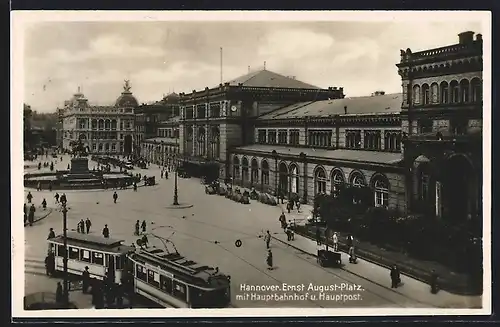 AK Hannover, Ernst August-Platz mit Hauptbahnhof & Hauptpost, Strassenbahn