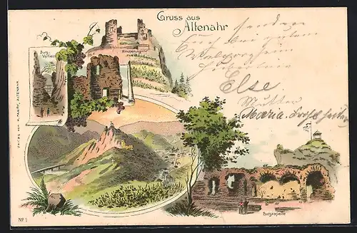 Lithographie Altenahr, Rittersprung, Burg-Verliess, Burgkapelle