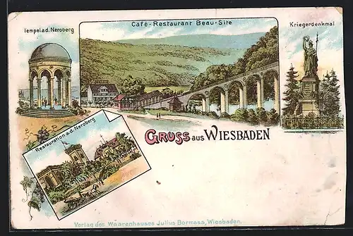 Lithographie Wiesbaden, Café-Restaurant Beau-Site, Kriegerdenkmal, Tempel und Restauration auf dem Neroberg