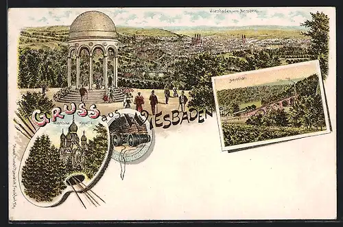 Lithographie Wiesbaden, Blick vom Neroberg, Griechische Kapelle, Nerothal