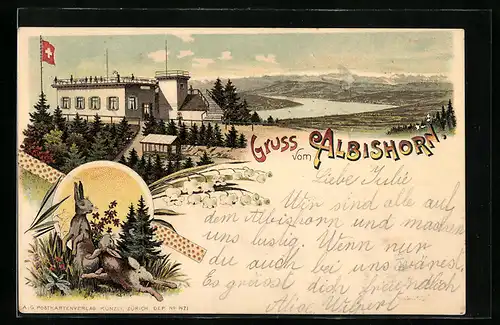 Lithographie Albishorn, Gasthaus Albishorn mit Blick ins Land