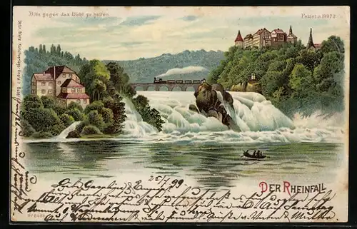 Lithographie Schaffhausen, Rheinfall mit Gebäuden, Brücke und Eisenbahn, Halt gegen das Licht: Vollmond