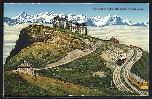 AK Rigi-Kulm, Nebelmeer und die Alpen mit Rigi-Bahn