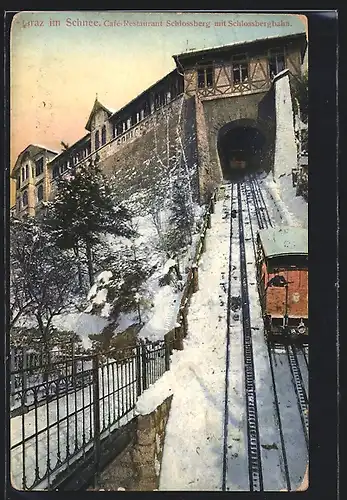 AK Graz, Café-Restaurant Schlossberg mit Schlossbergbahn bei Schnee