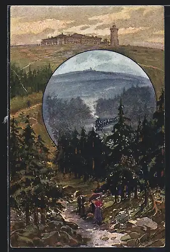 AK Brocken, Kleinbahn auf dem Brocken mit Waldpartie, Brockenhotel