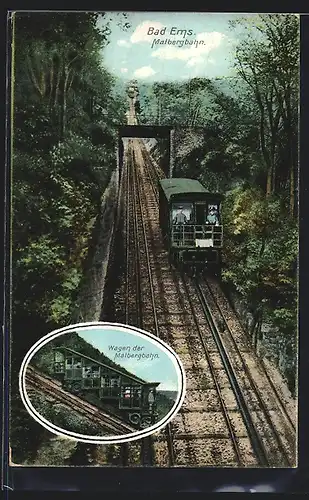 AK Bad Ems, Malbergbahn mit Wagen in Seitenansicht