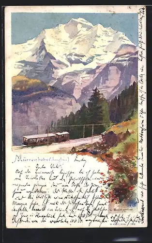 Künstler-AK Mürrenbahn, an der Bahnstrecke mit Blick zur Jungfrau