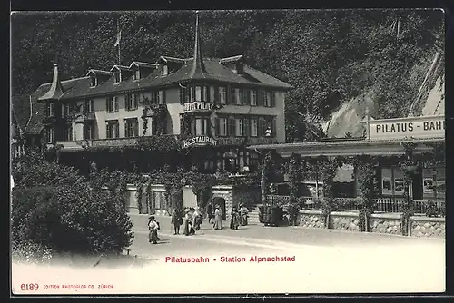 AK Alpnachstad, Bahnhof der Pilatusbahn und Hotel & Pension Pilatus