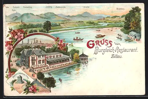 Lithographie Zittau, Burgteich-Restaurant, Gebirgspanorama vom See gesehen