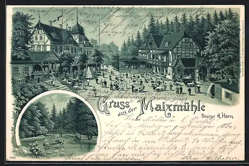 Lithographie Dresden-Pillnitz, Blick auf das Gasthaus Meixmühle