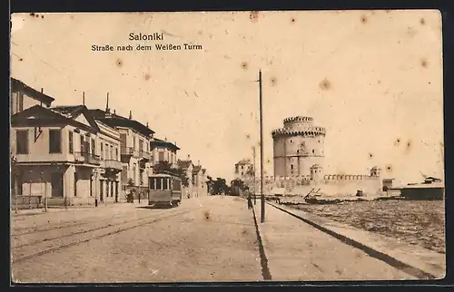 AK Saloniki, Strasse nach dem Weissen Turm mit Strassenbahn