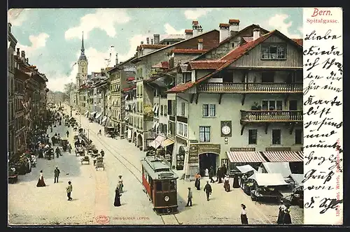 AK Bern, Strassenbahn an Geschäften in der Spitalgasse