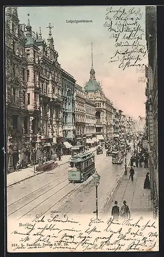 AK Berlin, Strassenbahn auf der Leipzigerstrasse mit Geschäften