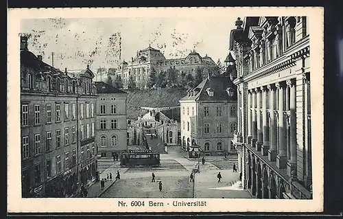 AK Bern, Universität mit Geschäften und Strassenbahn