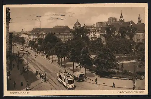 AK Düsseldorf, Strassenbahnverkehr auf dem Graf-Adolf-Platz