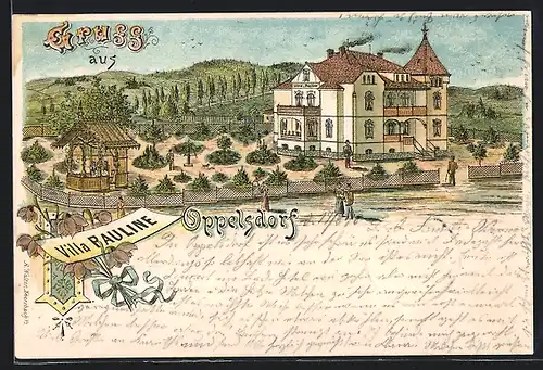 Lithographie Oppelsdorf, Villa Pauline mit Garten