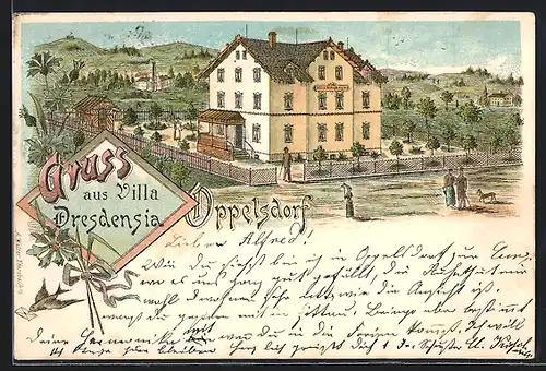 Lithographie Oppelsdorf, Villa Dresdensia mit Garten