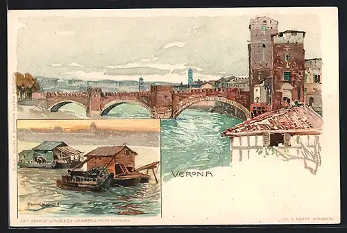 Künstler-AK Manuel Wielandt: Verona, Ortspartie mit Brücke und Hausbooten