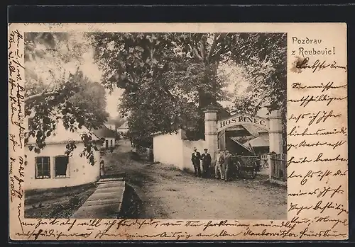 AK Hroubovice, Strassenpartie am Gasthaus