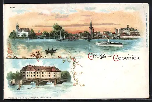 Lithographie Berlin-Köpenick, Uferpartie mit Dampfer, Brücke