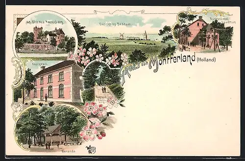 Lithographie Montferland, Voorgevel, Waranda, Gezicht op Zeddam, Het Slat tes Heerenberg