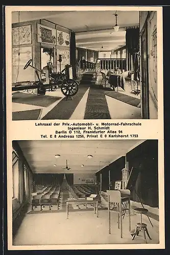 AK Berlin-Friedrichshain, Frankfurter-Allee 94, Lehrsaal der Priv.-Automobil- u. Motorrad Fahrschule v. Ing. H. Schmidt