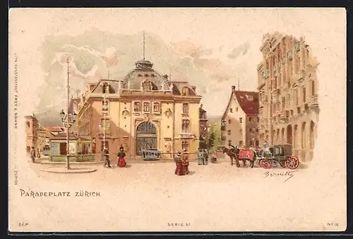 Lithographie Zürich, Motiv vom Paradeplatz mit Kutsche