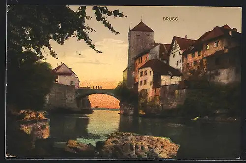 AK Brugg, Uferpartie mit Brücke am Abend