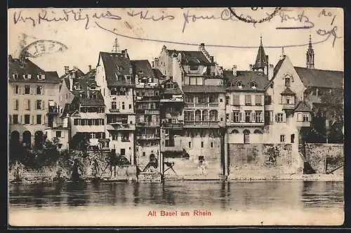 AK Basel, Blick auf Alt-Basel mit dem Rhein im Vordergrund