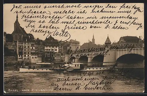 AK Basel, Neue Rheinbrücke mit Dampfer