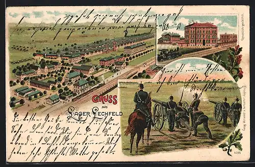 Lithographie Lager Lechfeld, Teilansicht, Ortspartie mit Eisenbahn, Soldaten mit Kanone