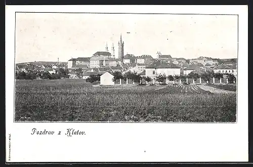 AK Klatovy, Blick über Felder auf die Stadt