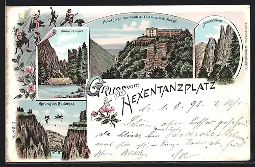 Lithographie Thale, Hoher Hexentanzplatz, Kronentempel, Sprung ins Bodethal, Hirschgrund