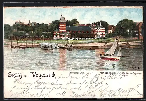 Künstler-Lithographie Vegesack, Cafe Strandlust, Segelboot