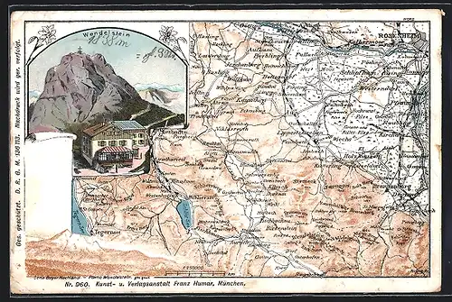 Lithographie Wendelsteinhaus, Berghütte mit Gipfelkreuz, Landkarte