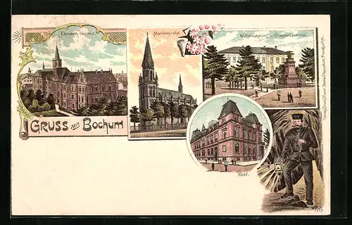 Lithographie Bochum, Elisabeth-Hospital, Marienkirche, Post