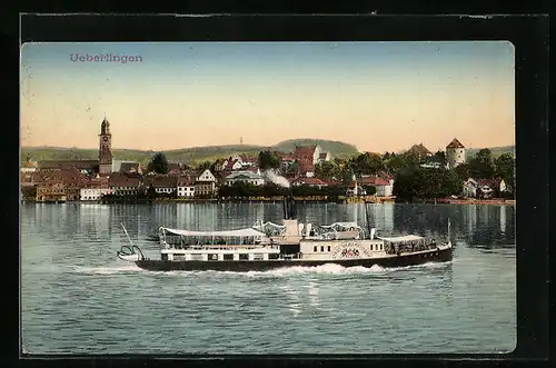 AK Überlingen, Passage des Seitenraddampfers Stadt Ueberlingen