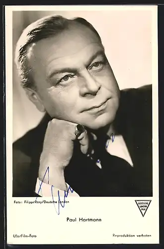 AK Schauspieler Paul Hartmann nachdenklich im Jackett, mit original Autograph