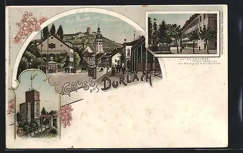 Lithographie Durlach, Strassenpartie, Altes Schloss, Gasthaus zum Grünen Hof