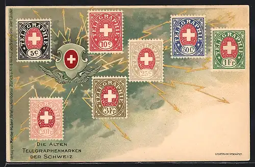 Lithographie Die alten Telegraphenmarken der Schweiz, Briefmarken und Wappen